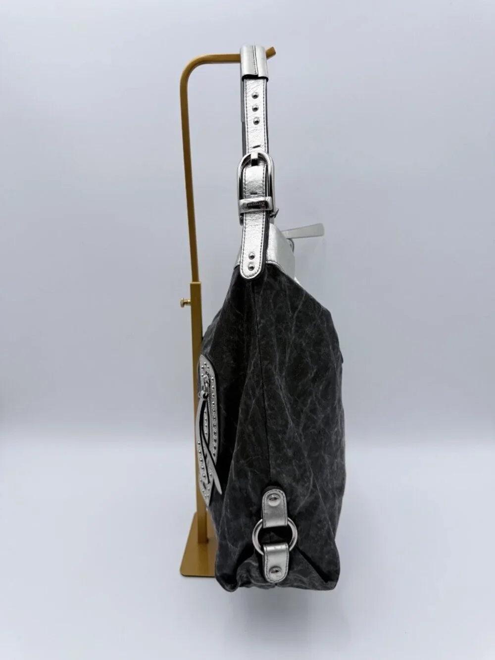 B. Makowsky Silver & Gray Hobo Bag With Studded Zipper Accents Adjustable Strap